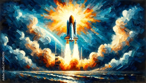 The image showcases a vibrant, expressive oil painting of a space shuttle launch, with the shuttle ascending powerfully against a backdrop of explosive yellow and orange flames and a dynamic blue sky.
