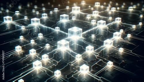 The image portrays a vast network of glowing, translucent cubes connected by illuminated lines on a dark, circuit-like background, suggesting a visualization of a digital blockchain or complex data st