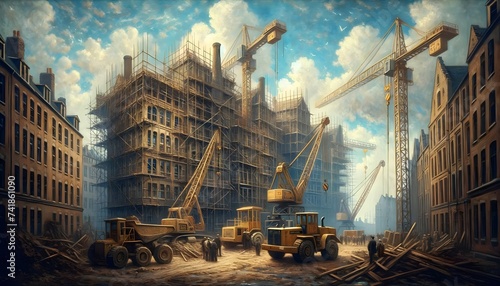 The image captures a bustling construction site with multiple cranes and heavy machinery amid scaffolding-clad buildings, set against a backdrop of historic architecture and a clear blue sky.

 photo