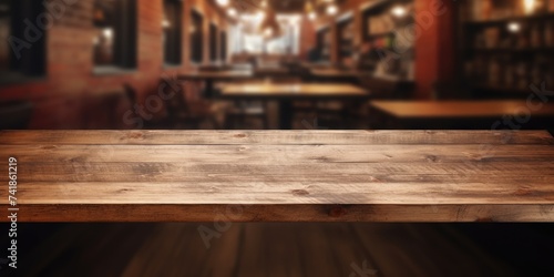Wooden tabletop in coffee shop interior - ideal for displaying or creating product montages. photo