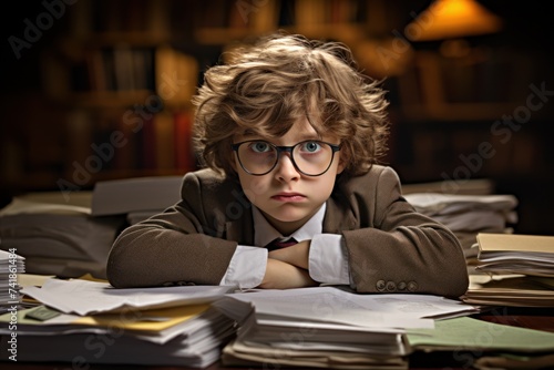 A serious little boy, surrounded by textbooks, looks at the camera with a serious expression.