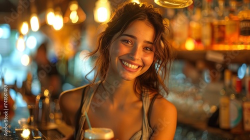 joyful portrait of a happy girl, woman in the bar having a drink
