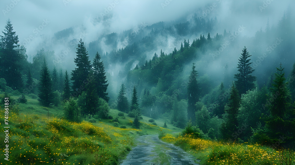 Rainy weather in the Carpathian mountain range with spruce trees,
A mountainside covered in fog and trees

 - obrazy, fototapety, plakaty 
