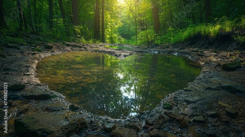 lake, forest stream, creek shaped like a heart, bright, spring, warm, woodland