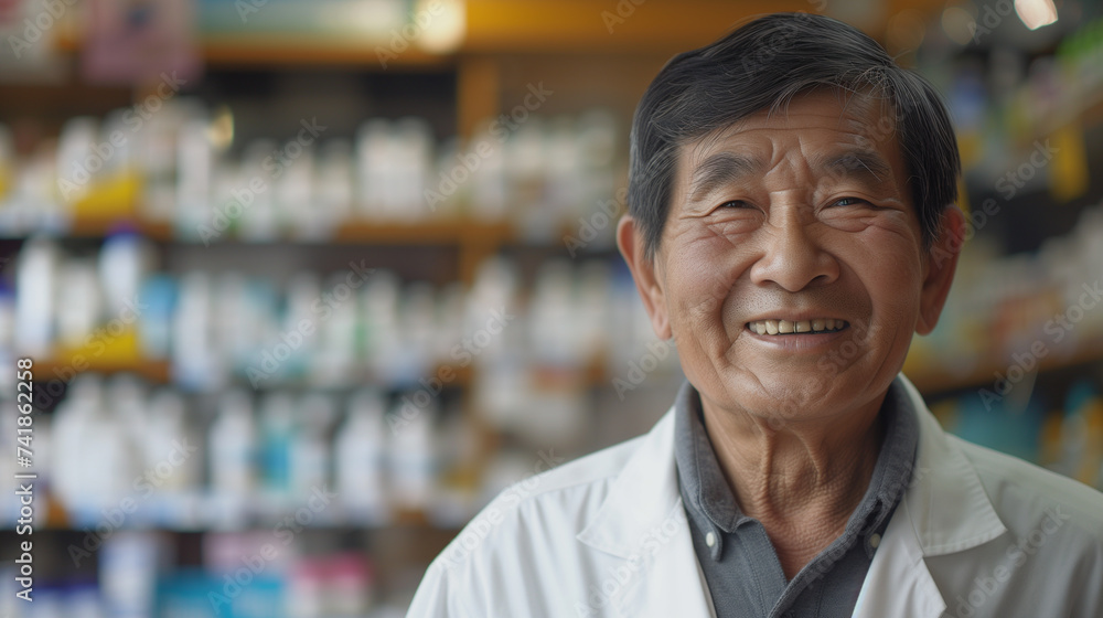 Smiling asian male pharmacist in drugstore store Smiling asian male pharmacist in drugstore store