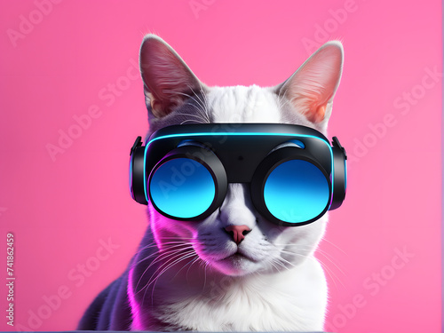 Futuristic Feline Tech. 3D Cat with VR Glasses on Retro Neon Isolation. Embrace the Next Generation of Pet Accessories