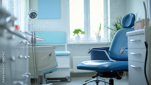Spacious and well-lit podiatry clinic examination room with ergonomic medical chair, modern equipment, and tranquil blue decor promoting a calm healthcare environment