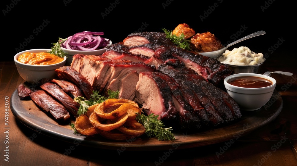 A trio of meats pulled pork, brisket, and chicken are stacked generously on a platter, each displaying a distinct smoke ring acquired during hours of grilling. Accompanying these meats are creamy side