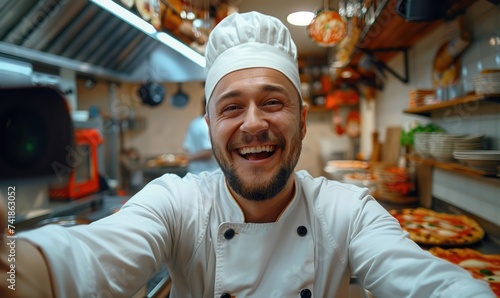 A laughing loudly kitchen chef holding a selfie camera, modern pizzeria background