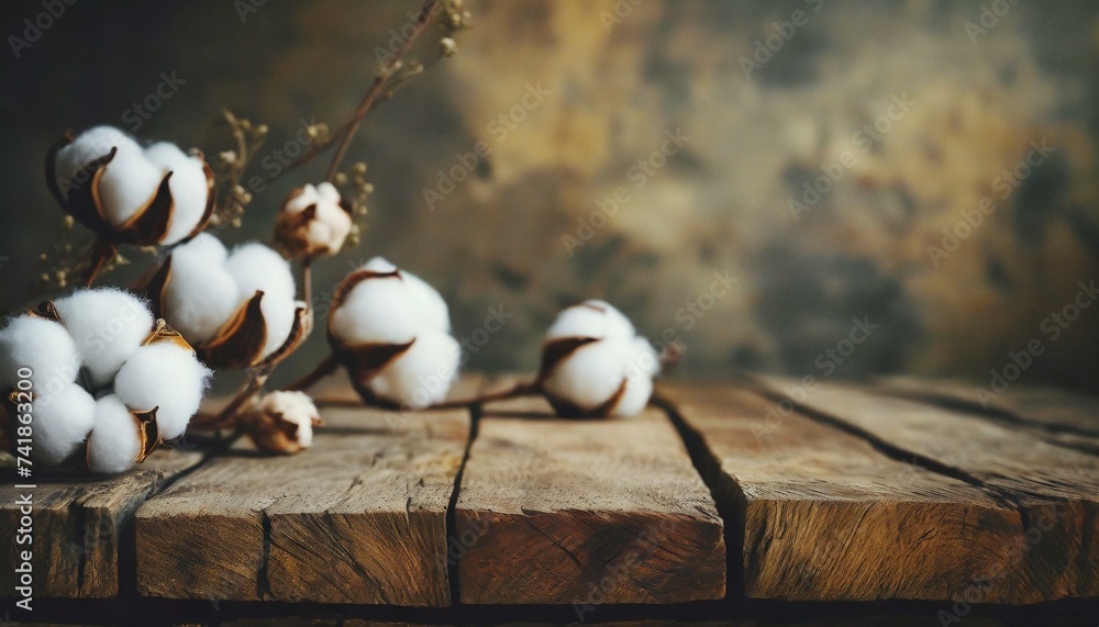rustic old wooden boards table copy space with cotton plants and white flowers in background - obrazy, fototapety, plakaty 