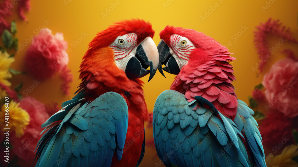Parrots with a playful duo engaged in delightful interactions - obrazy, fototapety, plakaty 