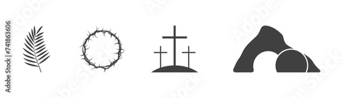 Easter icons set. Palm leaves, cross and cave. On a white background.