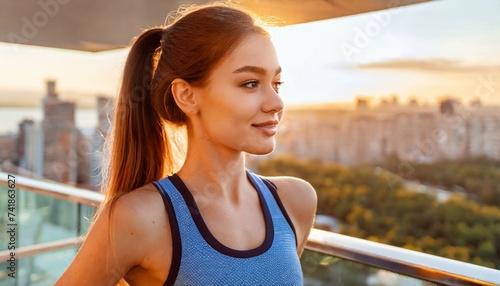 Fitness woman in sportswear on the balcony at sunset