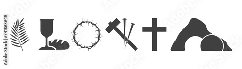 Easter icons set. Palm leaves, cross and cave. On a white background.
