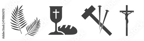 Easter icons set. Palm leaves, cross and cave. On a white background.