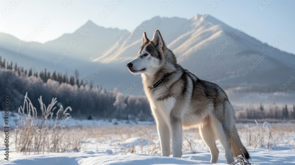 Majestic Siberian Husky Standing on a Mat with Snowy Mountains Backdrop Majestic Siberian Husky Standing on a Mat with Snowy Mountains Backdrop