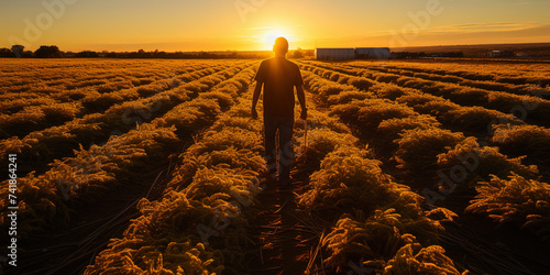 A field cut by rows of harvest, as if covered with a golden carpet after the labor season, reflec photo