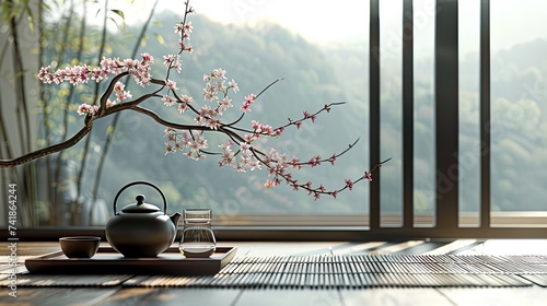 tea set next to a sakura branch  and natural elements such as a sakura branch on a bamboo mat to create a harmonious composition that reflects the tranquil setting.