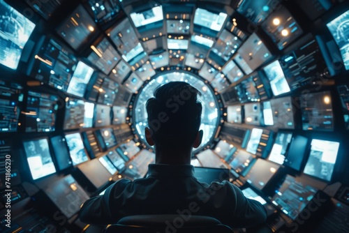 Advanced Technology Command Center - An operator commands a futuristic control room with myriad screens and data, symbolizing the nerve center of modern operations photo