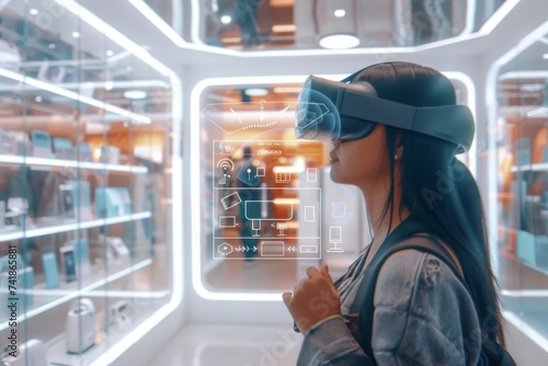Interactive VR Tech Display - A person immersed in a high-tech virtual reality experience with interactive displays and futuristic design