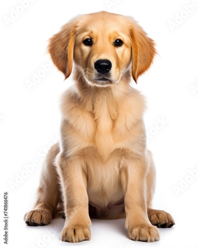 Golden Retriever Puppy Sitting Serenely on Beautiful Brown Background. 