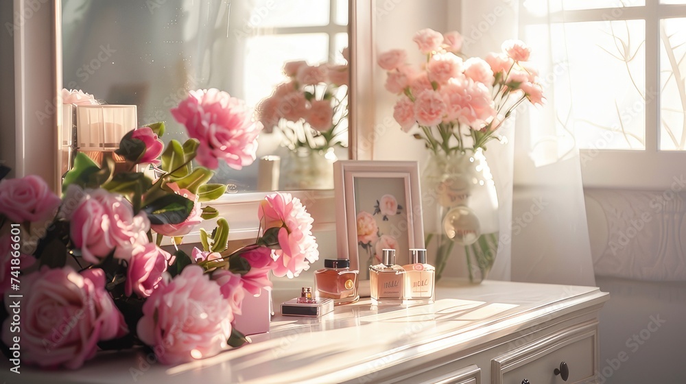 pink flowers and perfumes are arranged on a white boudoir table in a natural and aesthetically pleasing manner. Bright interior decor. - obrazy, fototapety, plakaty 