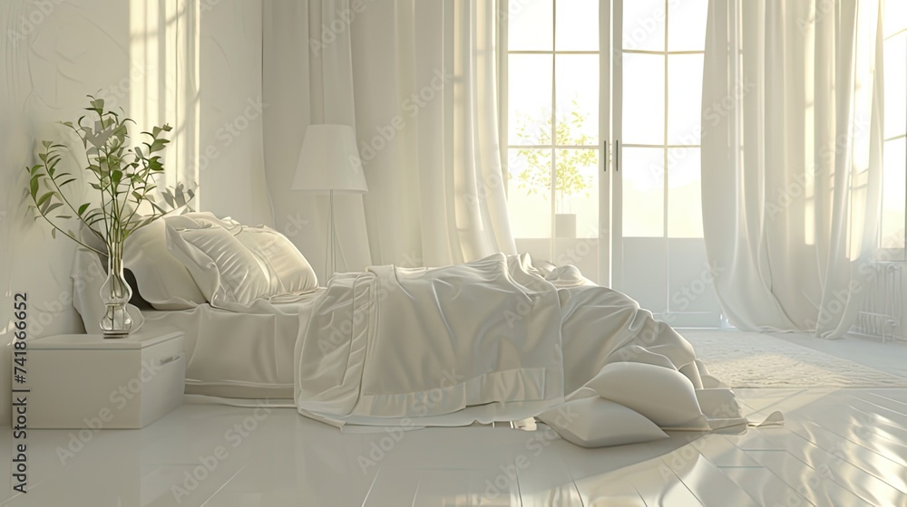 mood and atmosphere of a white bedroom. The feeling of calm and elegance inherent in a boudoir setting. Copy space so you can add text or other elements as needed. - obrazy, fototapety, plakaty 