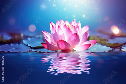 Lotus Flower. Pink Water Lily on Blue Background. Shiny and Glistering Fairy Flower