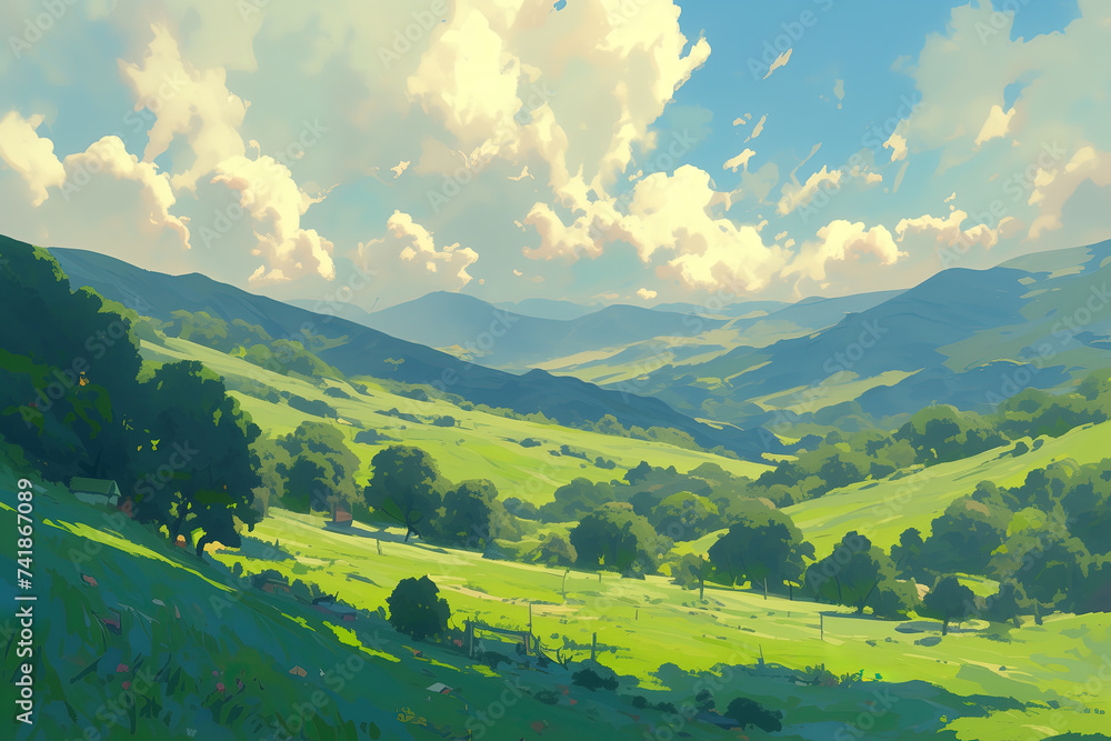 Green mountains landscape, painting style art