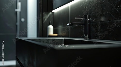 texture and details of chrome faucet and black ceramic sink. Soft, diffused lighting creates a luxurious ambiance while avoiding harsh highlights and shadows.