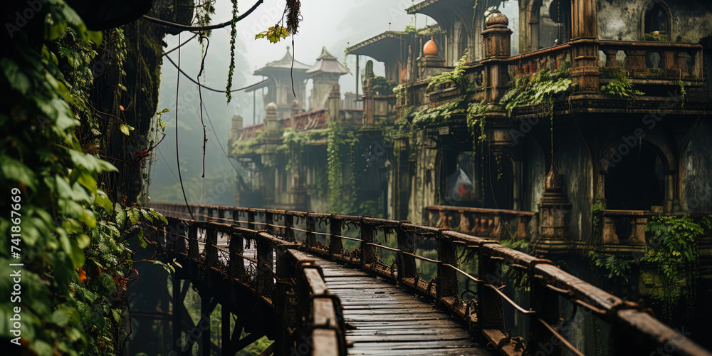The magnificent wooden bridge, which runs between the rocks, is like the path to magical worlds