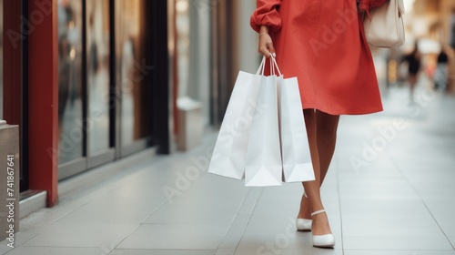 Close up fashion woman crossing road while carrying shopping bag in city