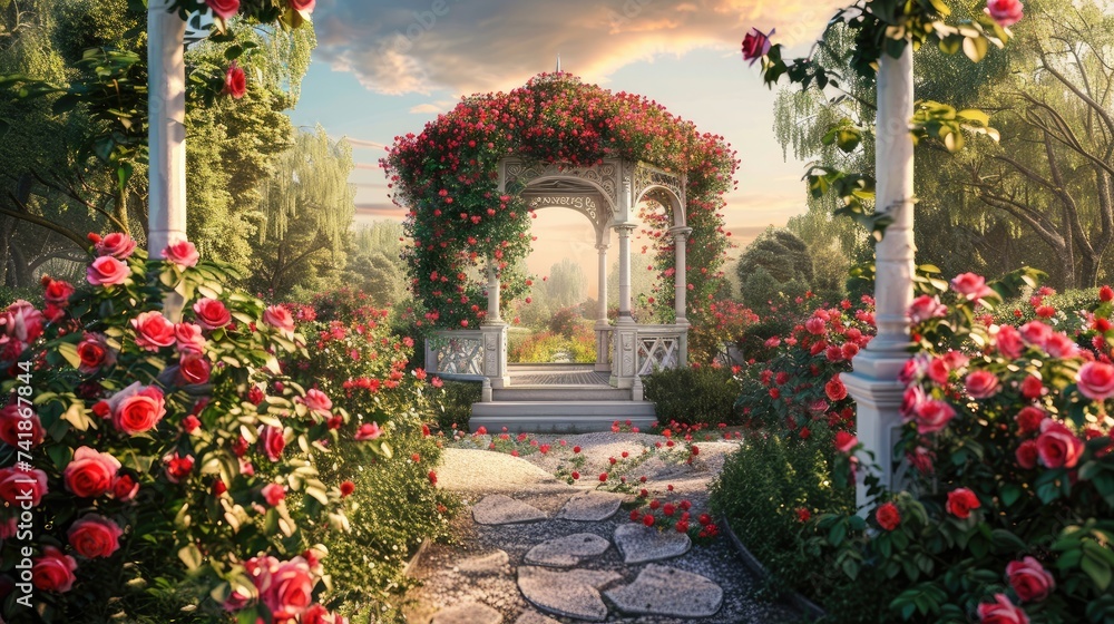 a garden gazebo nestled amidst blooming roses, evoking a sense of peace and tranquility in the enchanting springtime setting.