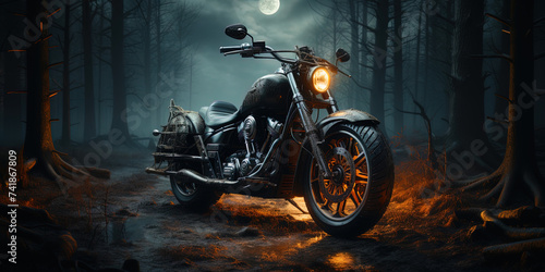 The motorcycle, its chrome details flicker against the background of the reflections of the mo photo