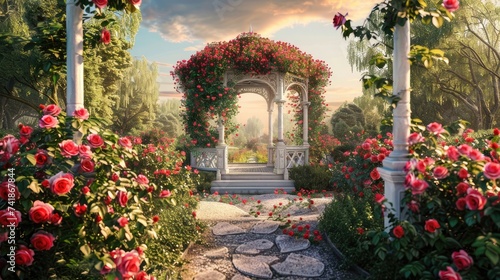 Fototapeta Naklejka Na Ścianę i Meble -  a garden gazebo nestled amidst blooming roses, evoking a sense of peace and tranquility in the enchanting springtime setting.