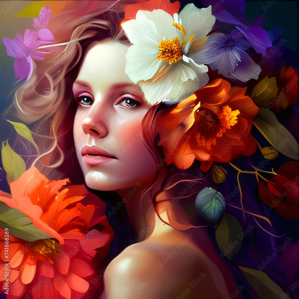 Illustration of a young woman with colorful flowers in her hair. World Women's Day.