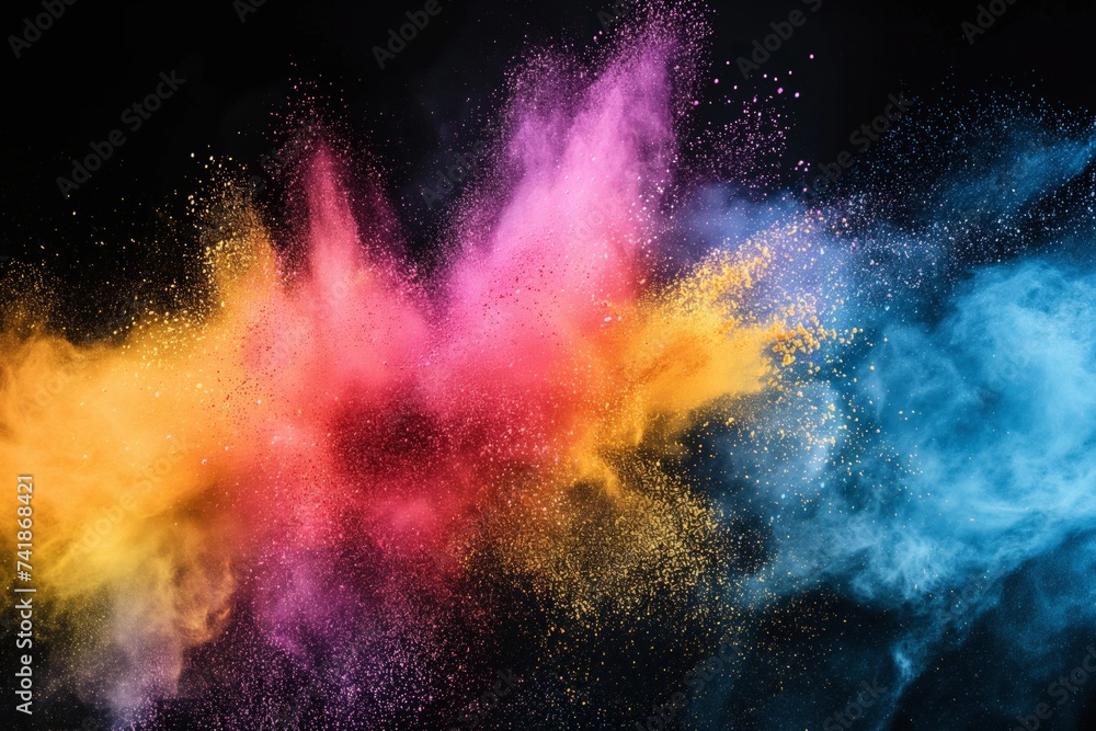 Colorful rainbow powder is thrown up against the black background stock photo, in the style of uhd image, bright and bold color palette, multiple filter effect, high speed sync, vibrant palette.