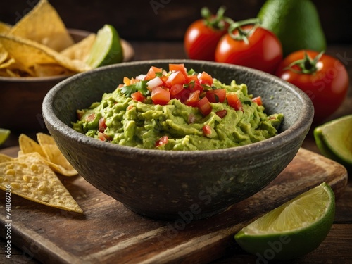 A delicious Bowl of Guacamole next to fresh ingredients on a table with tortilla chips and salsa. Fresh ingredients for guacamole with chips