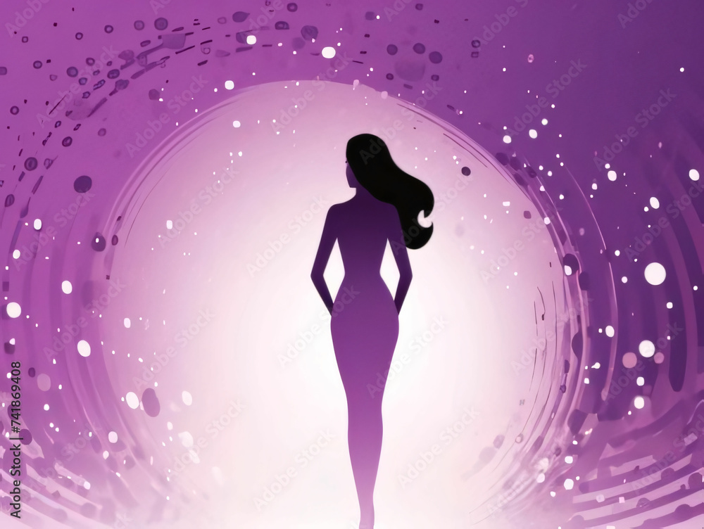 Silhouette of a purple woman, illustration, abstract, circles. World Women's Day.