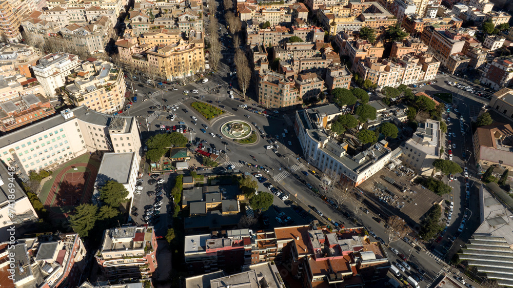 Aerial view on Heroes' Square in Rome, Italy. It is located between the Prati and Flaminio districts.