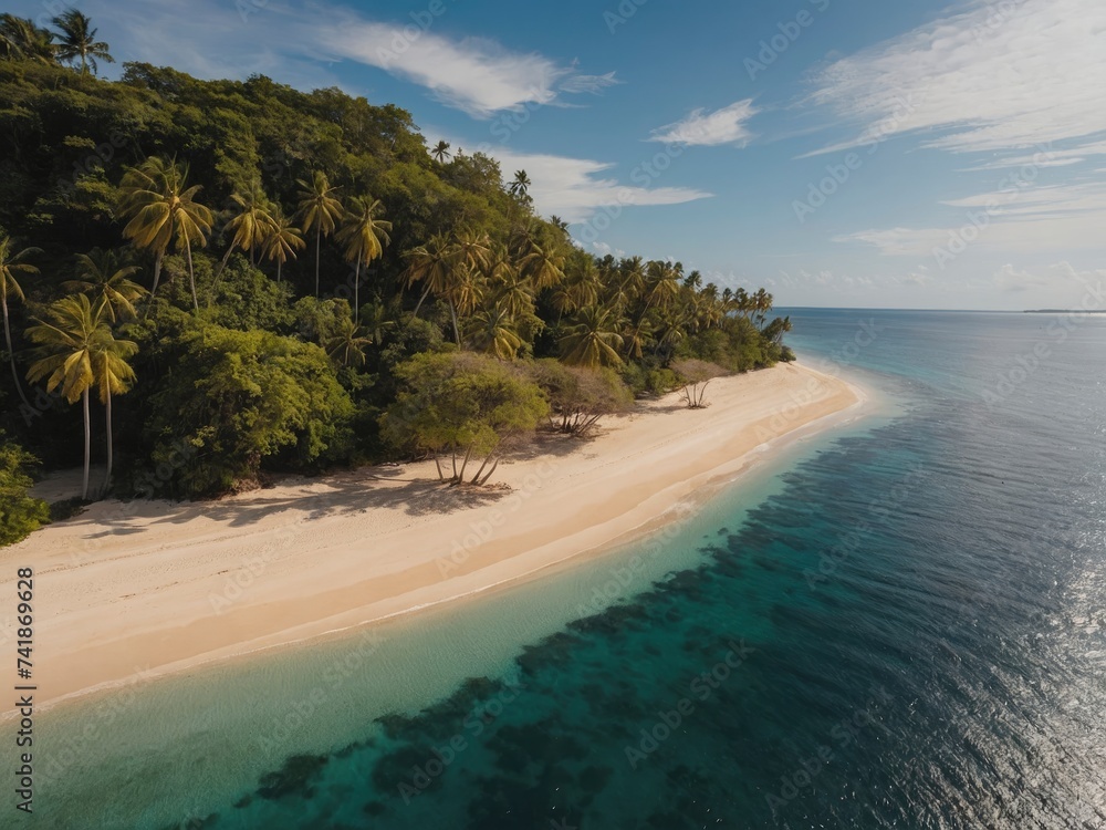 Aerial view of a small tropical island with palm trees and a sandy beach. Palm-fringed island with sandy shores Aerial view of a small tropical island with palm trees and a sandy beach. Palm-fringed island with sandy shores