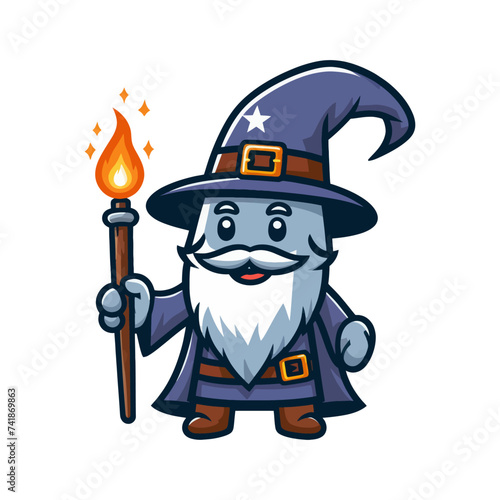A cartoon vector illustration of a wizard holding a wand in one hand and a flame in the other.