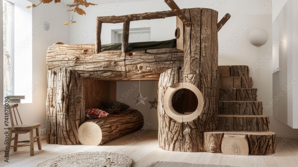 a natural wood log hut-shaped bunk bed with stairs, nestled in a cozy ...
