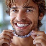 Smiling young man with clear plastic invisalign braces on teeth, bite correction, orthodontist, health, medicine, dentistry, oral cavity, straight, white, portrait