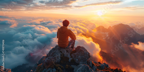 Hiker Enjoying Sunrise from Mountain Peak. Solo traveler sitting on a mountain summit, witnessing the sunrise above the clouds.