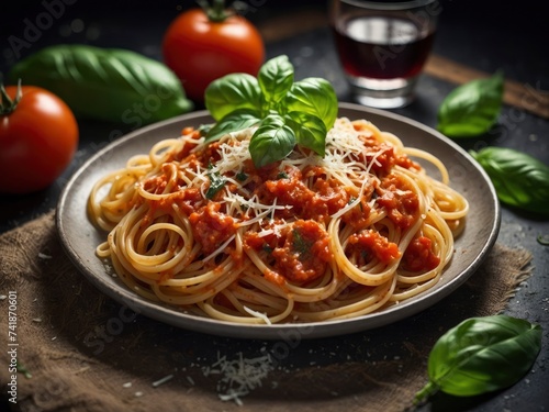 Classic Italian spaghetti pasta with tomato sauce, cheese parmesan and basil on plate. Traditional spaghetti dish with tomato and basil