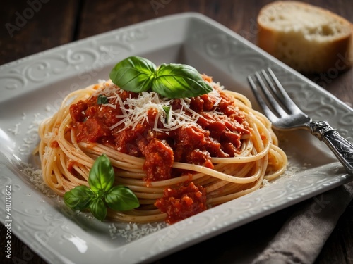 Classic Italian spaghetti pasta with tomato sauce, cheese parmesan and basil on plate. Authentic Italian spaghetti with tomato and cheese