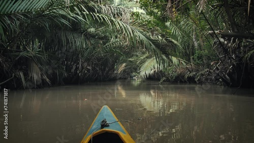Drift along the tranquil waterways of the Mekong Delta, surrounded by verdant jungle and towering coconut palms, for a peaceful and rejuvenating experience. Near Ben Tre, Vietnam.
