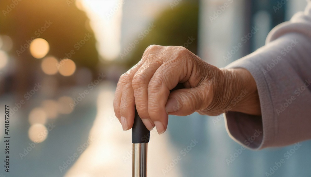 disabled elderly woman standing with stick 