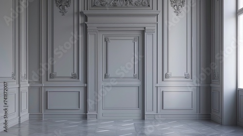 a grey interior adorned with intricate mouldings, exuding an aura of classic elegance and sophistication.